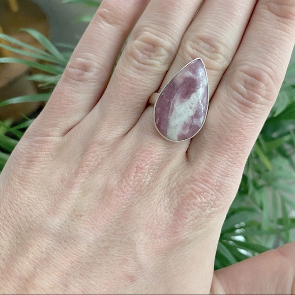 925 Sterling Silver Large Rhodochrosite Gemstone Teardrop  Ring - Picture 14 of 16